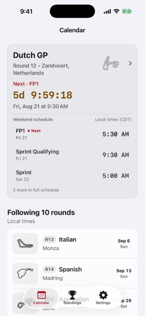 F1 Race Calendar iPhone app showing the next Grand Prix countdown and upcoming rounds