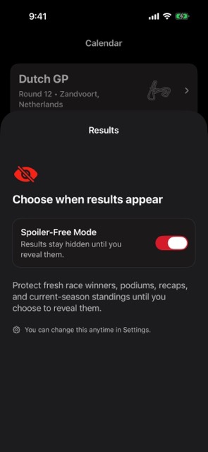 Spoiler-Free Mode in F1 Race Calendar, with results hidden until they are revealed