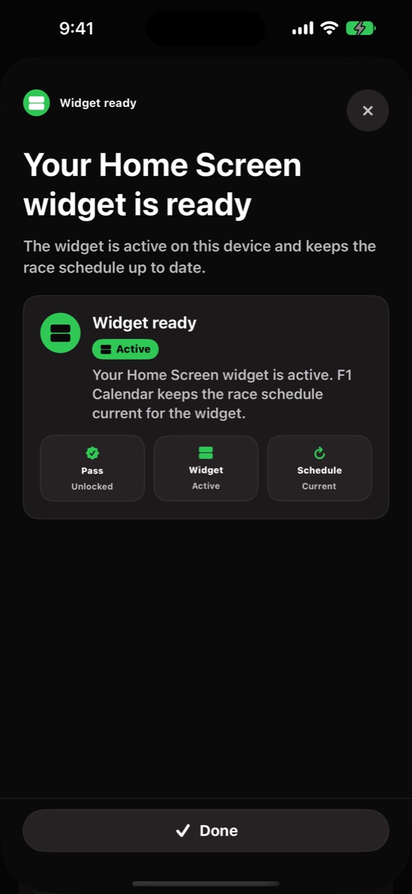 F1 Race Calendar confirming that the Home Screen widget is active