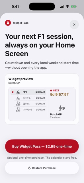 Race Calendar Pass preview keeping the next F1 session and local weekend times on the Home Screen