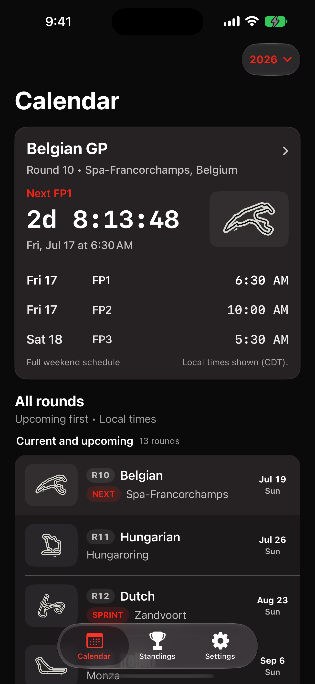 Race Calendar iPhone app schedule